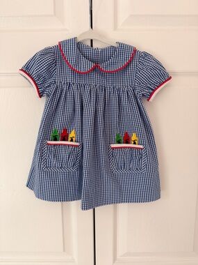 Stitchy Fish Blue Gingham Girls Dress with Crayon Pocket Appliqués